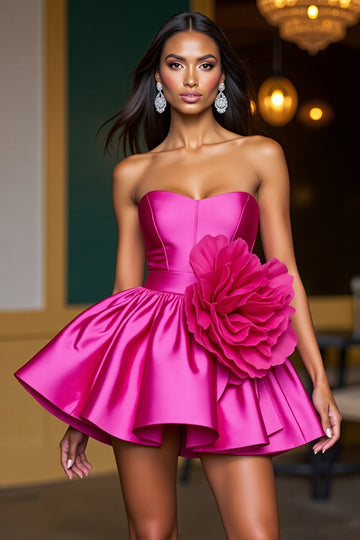 Strapless Fuchsia Satin Homecoming Dress with 3D Flowers